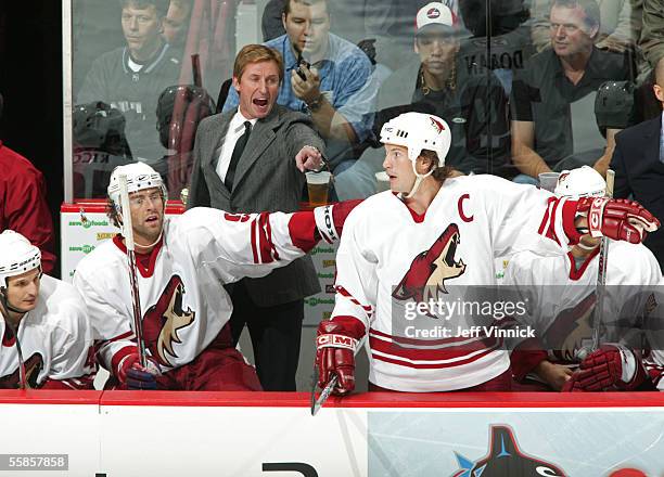 Head Coach Wayne Gretzky of the Phoenix Coyotes stands on the bench behind players Mike Ricci, Petr Nedved and Shane Doan as he yells at the referee...