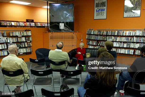 Actress Patricia Hitchcock O'Connell speaks to fans of director Alfred Hitchcock during a DVD signing at Rocket Video on October 5, 2005 in...