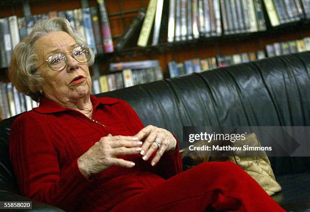 Actress Patricia Hitchcock O'Connell speaks to fans of director Alfred Hitchcock during a DVD signing at Rocket Video on October 5, 2005 in...