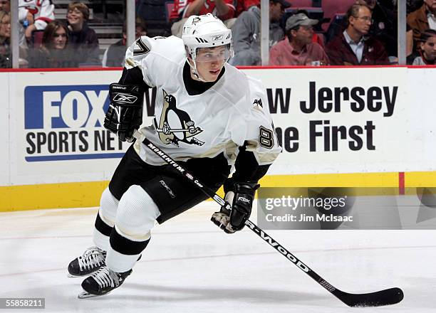 Center Sidney Crosby of the Pittsburgh Penguins skates against the New Jersey Devils on October 5, 2005 at Continental Airlines Arena in East...