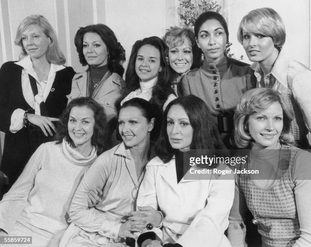 Former Miss Worlds gather at the Britannia Hotel in London to add glamour to the new Miss World Contest, 17th November 1975. From left to right, they...