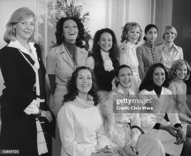 Former Miss Worlds gather at the Britannia Hotel in London to add glamour to the new Miss World Contest, 17th November 1975. From left to right, they...