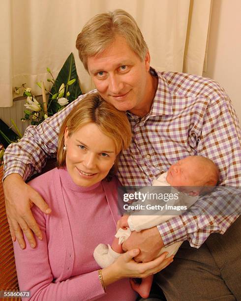 Prince Philippe, Princess Mathilde and Prince Emmanuel pose for the official photo of Prince Emmanuel Leopold Guillome, the new son of Crown Princess...