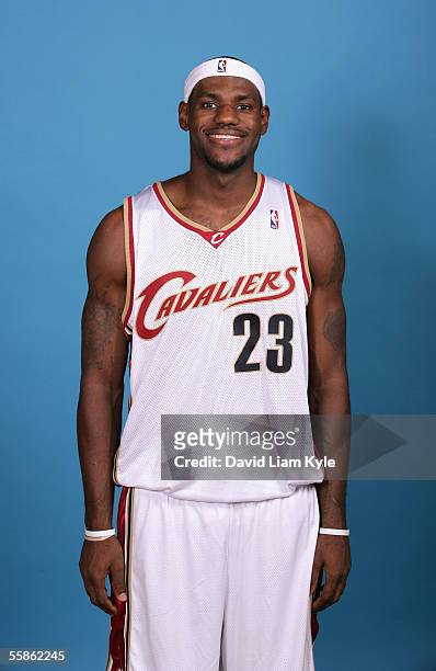 LeBron James of the Cleveland Cavaliers poses for a head shot during Cavs media day at Gund Arena on October 3, 2005 in Cleveland, Ohio. NOTE TO...