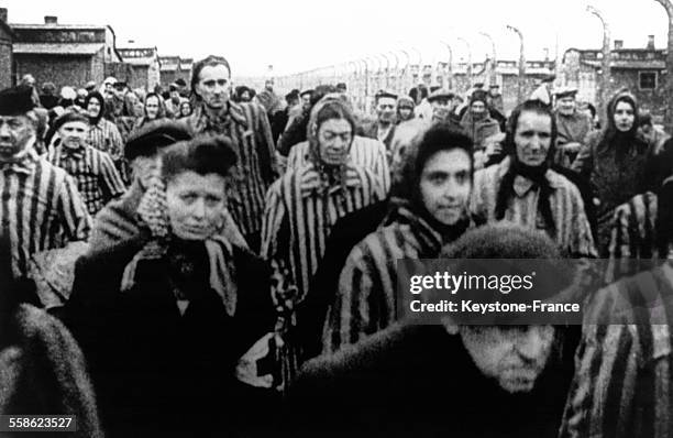Déportés lors de la libération du camp de concentration d'Auswitchz Birkenau, en janvier 1945, Auschwitz, Pologne.