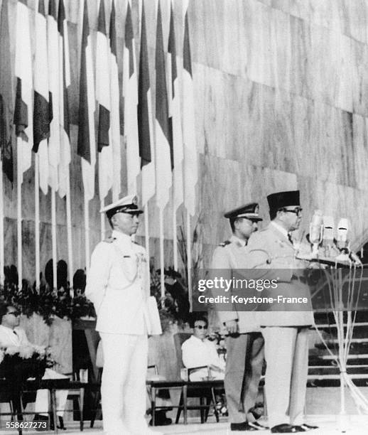 Le President Soekarno prononcant le discours d ouverture de la conference de Bandung, le 21 avril 1965 a Jakarta, Indonesie.