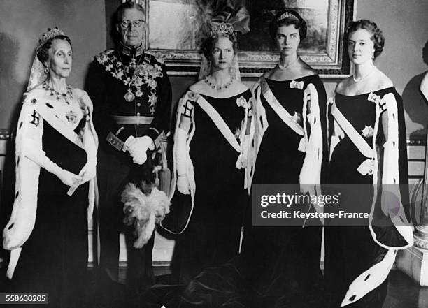 King Gustaf VI Adolf of Sweden with Queen Louise Mountbatten, Princess Sibylla of Saxe-Coburg and Gotha, Princess Margaretha of Sweden and Princess...