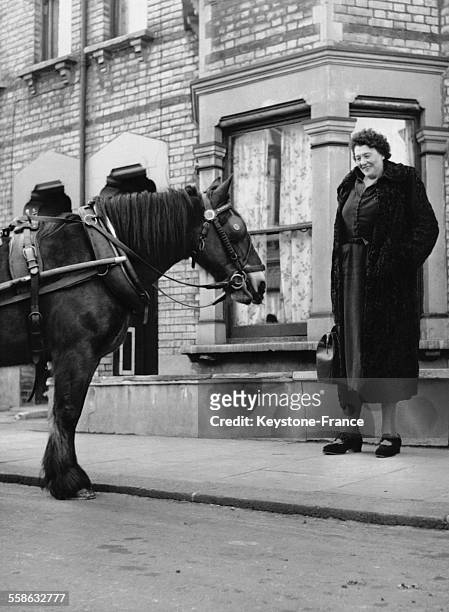 Le cheval Dobby regarde avec curiosité la plus grande femme du monde, Katja Van Dyck qui mesure 2,54 metres en fevrier 1954 au Royaume-Uni.