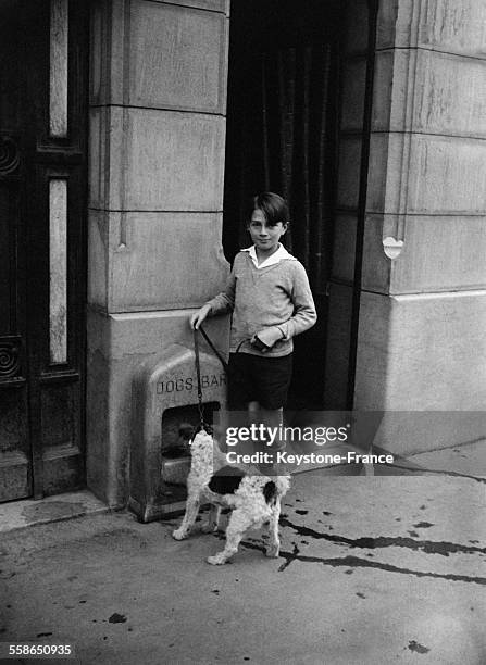 Un petit Parisien désaltérant son chien dans un bar des chiens installé sur un grand boulevard à Paris, France en 1930.