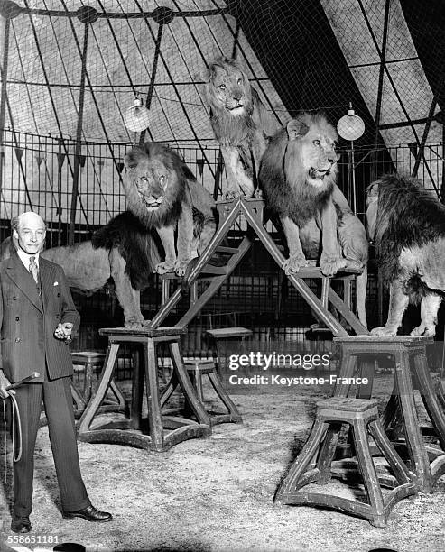 Un membre du parlement est entré dans une cage aux lions, au Royaume-Uni, le 21 août 1930.