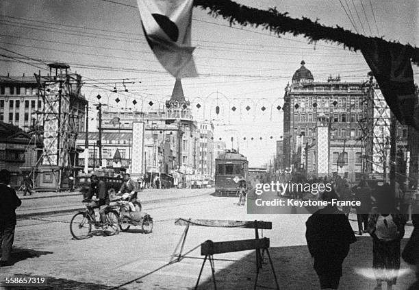 Un quartier de la ville détruit par un fort tremblement de terre le 27 novembre 1930 à Mishima, Japon.