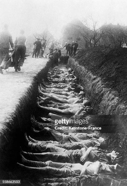 Les cadavres sont mis les uns à côté des autres dans une tranchée commune, au camp de Nordhausen-Dora, en Allemagne, en avril 1945.