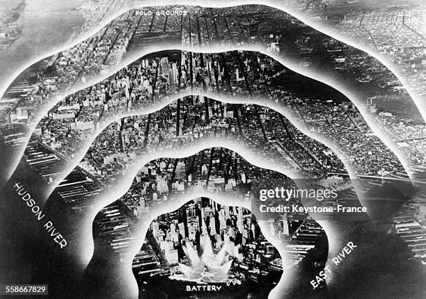 Ce que ferait l'effet d'une bombe atomique sur New York City, Etats-Unis, circa 1940.