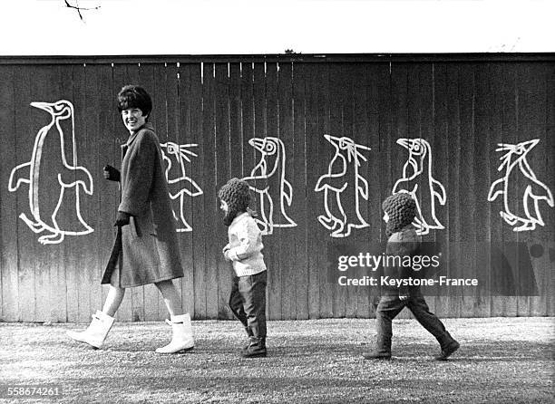 Deux enfants marchent en file indienne derrière leur mère en suivant l'exemple des pingouins dessinés sur la haie derrière eux le 20 février 1970.