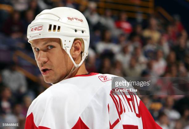 Defenseman Nicklas Lidstrom of the Detroit Red Wings looks on before a face-off in the game against the St. Louis Blues on October 6, 2005 at the...