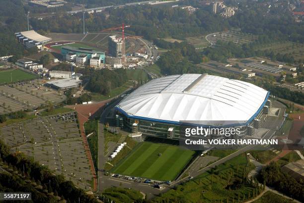 Germany: Aerial view of Gelsenkirchen's Veltins Arena football stadium taken 07 October 2005. The Veltins Arena is one of the 12 stadia in Germany...