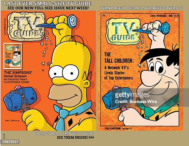 One of nine covers on newsstands October 6th that depict contemporary stars in iconic poses from decades past. Homer Simpson as Fred Flintstone.