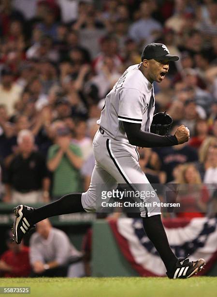 Pitcher Orlando Hernandez of the Chicago White Sox celebrates after striking out Johnny Damon of the Boston Red Sox to the end the inning with the...