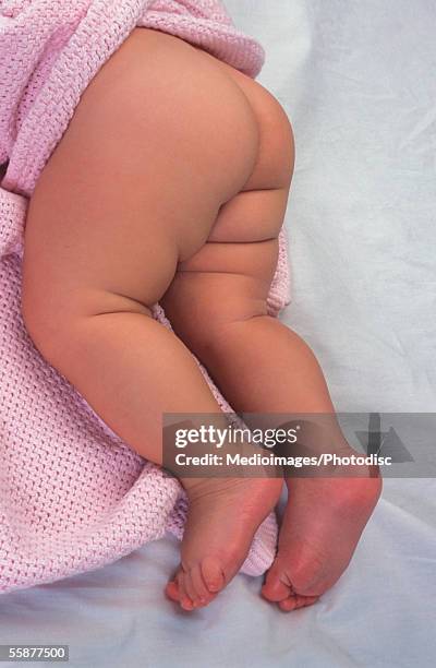 baby girl (3-6 months) lying on stomach, low section, close-up - girl bums 個照片及圖片檔