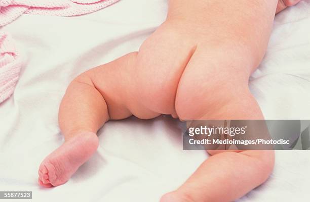 baby girl (3-6 months) lying on bed, rear view - baby bottom stock pictures, royalty-free photos & images