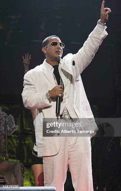 Daddy Yankee performs at the American Airlines Arena on October 7, 2005 in Miami, Florida.