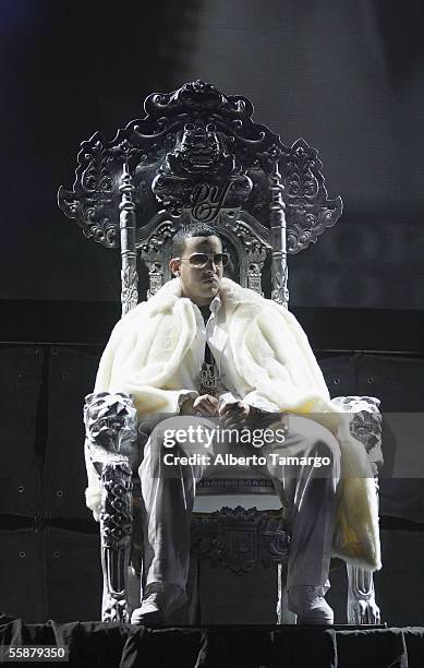 Daddy Yankee performs at the American Airlines Arena on October 7, 2005 in Miami, Florida.