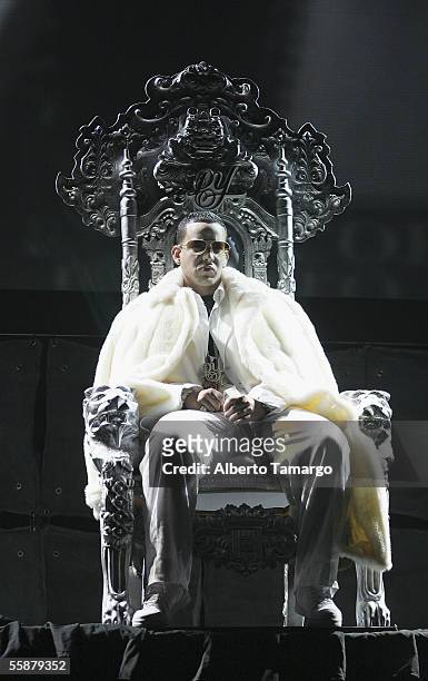 Daddy Yankee performs at the American Airlines Arena on October 7, 2005 in Miami, Florida.