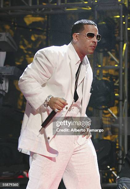 Daddy Yankee performs at the American Airlines Arena on October 7, 2005 in Miami, Florida.