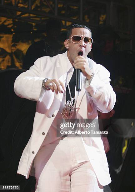 Daddy Yankee performs at the American Airlines Arena on October 7, 2005 in Miami, Florida.