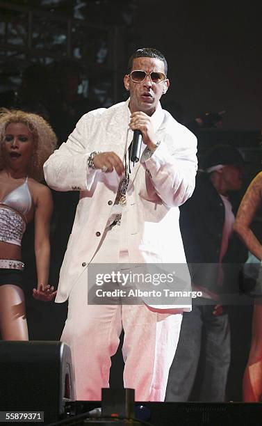 Daddy Yankee performs at the American Airlines Arena on October 7, 2005 in Miami, Florida.