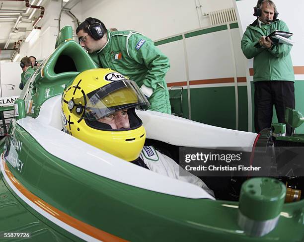 Ralph Firman of Team Ireland sitts in his car at the third practice session during the A1 Grand Prix of Nations Germany at the Eurospeedway on...