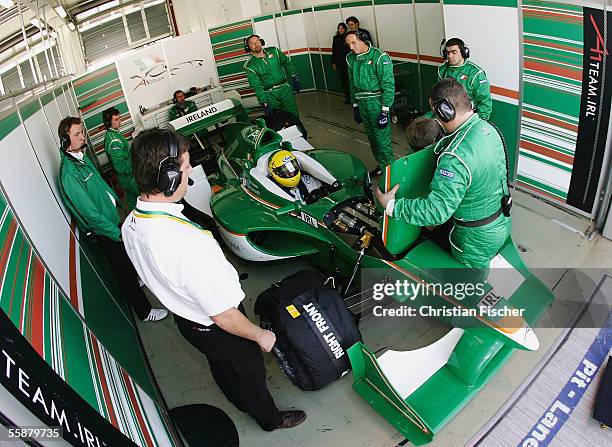 Ralph Firman of Team Ireland waits in the pit during the third practice session at the A1 Grand Prix of Nations Germany at the Eurospeedway on...