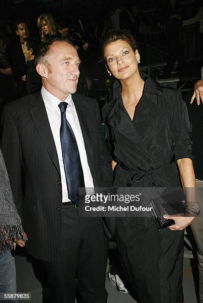 Francois Henri Pinault and Linda Evangelista watches the Alexander McQueen show as part of Paris Fashion Week Spring/Summer 2006 on October 7, 2005...