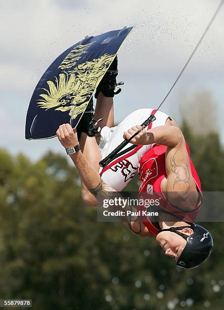 Rusty Malinoski of Canada in action during the Mens Wakeboarding semi final at the Gravity Games held at McCallum Park on October 8, 2005 in Perth,...