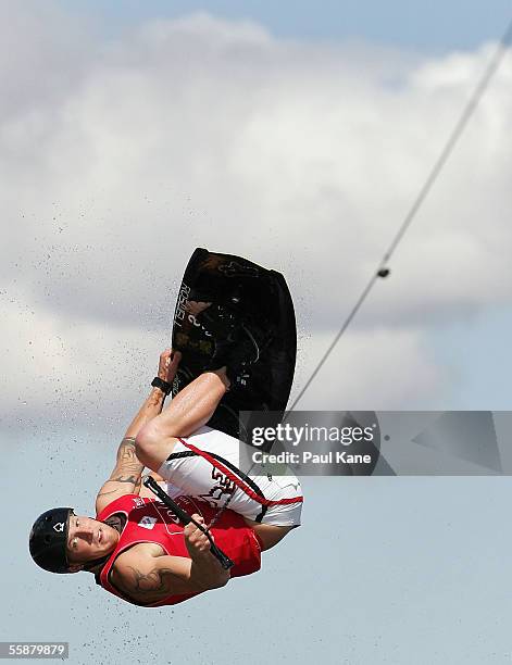 Rusty Malinoski of Canada in action during the Mens Wakeboarding semi final at the Gravity Games held at McCallum Park on October 8, 2005 in Perth,...