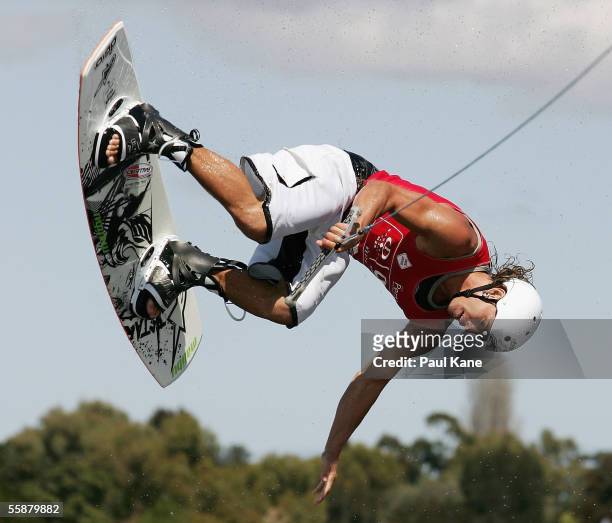 Jeff Wetherall of New Zealand in action during the Mens Wakeboarding semi final at the Gravity Games held at McCallum Park on October 8, 2005 in...