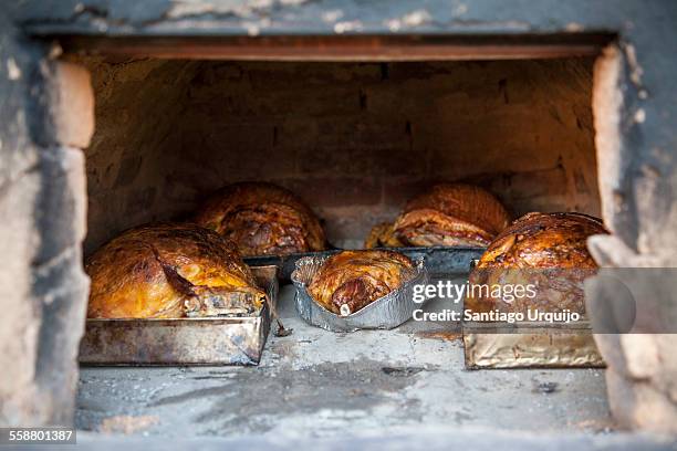 meat being prepared in a traditional open oven - open romania imagens e fotografias de stock
