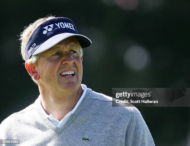 Colin Montgomerie of Scotland waits on the practice ground during the third round of the WGC American Express Championship at Harding Park Golf...