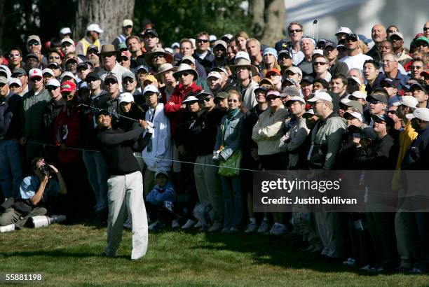 Tiger Woods hits from the second fairway during the third round of the WGC American Express Championship at Harding Park Golf Course October 8, 2005...