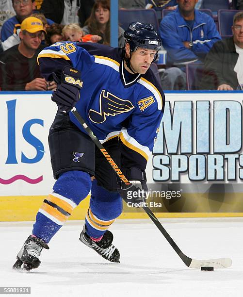 Doug Weight of the St. Louis Blues passes the puck against the San Jose Sharks on October 8, 2005 at the Savvis Center in St. Louis, Missouri.