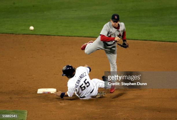 Shortstop David Eckstein of the St. Louis Cardinals commits a throwing error as he tried to turn a double play as catcher Ramon Hernandez of the San...