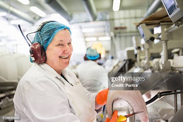 worker holding fish meat and knife in industry - meat factory stock pictures, royalty-free photos & images
