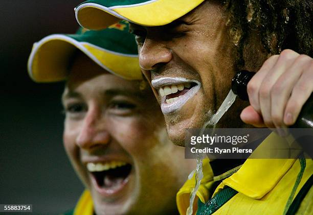 Michael Clarke and Andrew Symonds of Australia celebrate after Game Three of the Johnnie Walker Super Series between Australia and the ICC World XI...