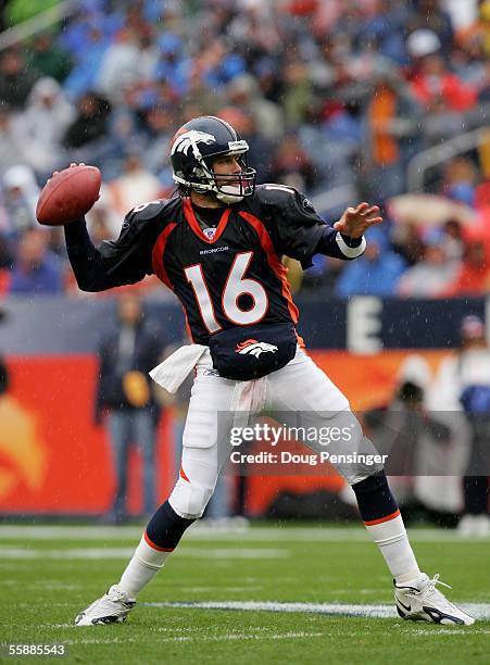 Quarterback Jake Plummer of the Denver Broncos makes a pass against the Washington Redskins during NFL action at Invesco Field at Mile High on...