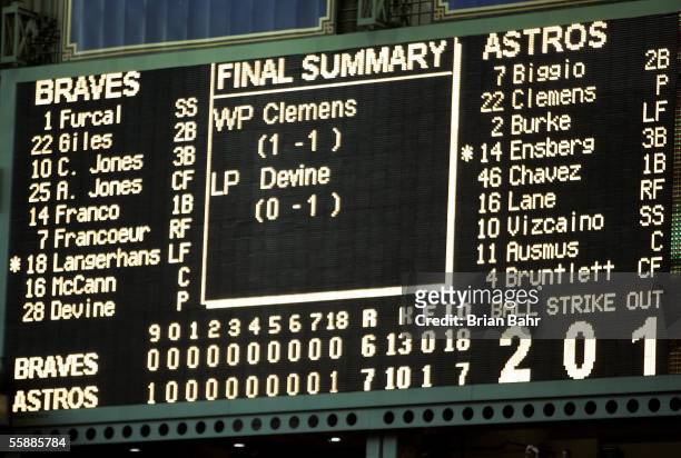 The scoreboard is seen after the Houston Astros defeated the Atlanta Braves on a solo home run by Chris Burke in Game Four of the 2005 National...
