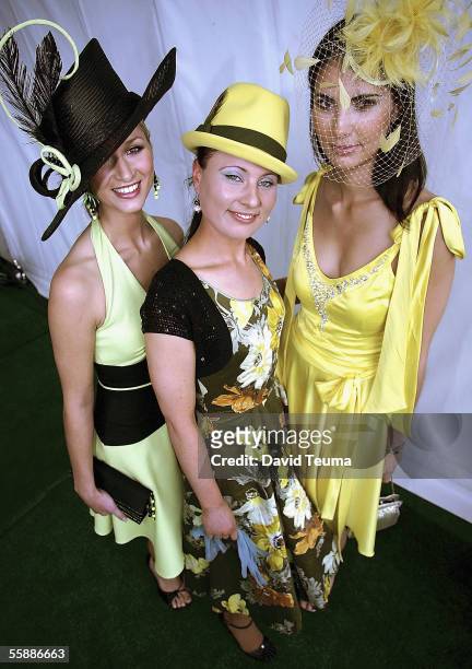 Kirsty Bryan, Errid Munro and Emily Keon-Cohen pose after winning day one of the Chadstone Fashion Stakes during the Carlton Draught Caulfield...