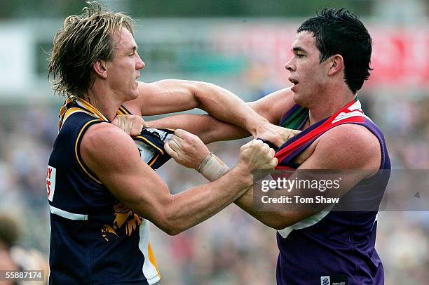 Dan Chick of West Coast fights with Ryan Crowley of Freemantle during the match between West Coast Eagles and Fremantle Dockers in the AFL Challenge...