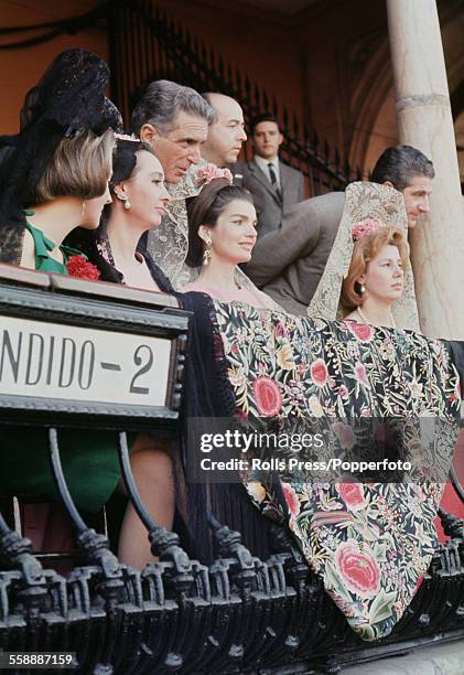 Former First Lady of the United States, Jacqueline Kennedy pictured with second from left, Aline Griffith, Countess of Romanones and right, Cayetana...