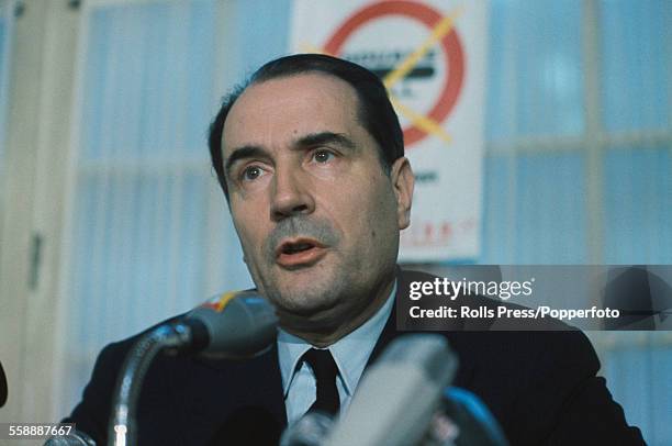 French socialist politician and leader of the Federation of the Democratic and Socialist Left, Francois Mitterrand pictured at a press conference in...