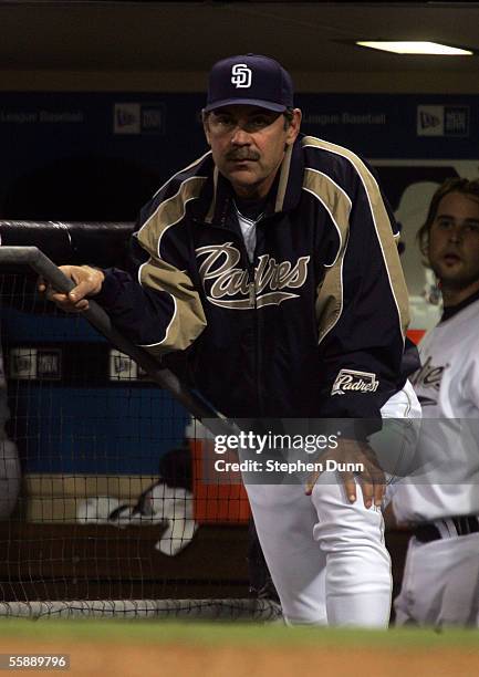 Manager Bruce Bochy of the San Diego Padres in the dugout against the St. Louis Cardinals during Game Three of the 2005 National League Division...